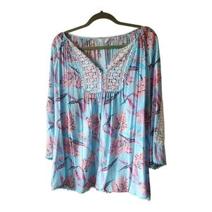 Crown & Ivy Floral Lace Blouse - Blue and Pink